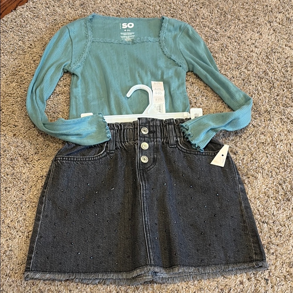 SO Teal Long Sleeve Top and Black Denim Skirt with glitter studs